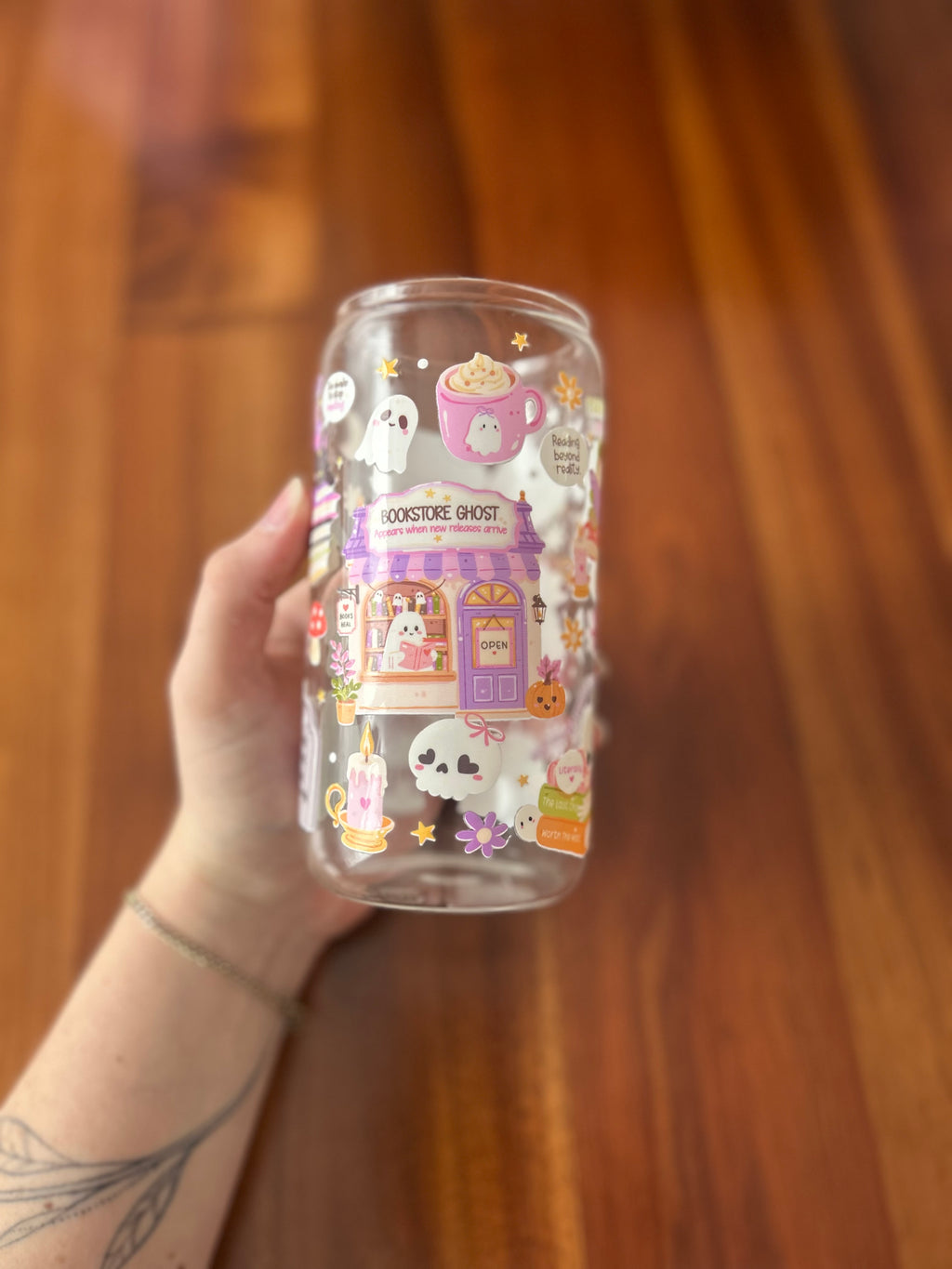 Ghost bookstore house glass can tumbler 16oz