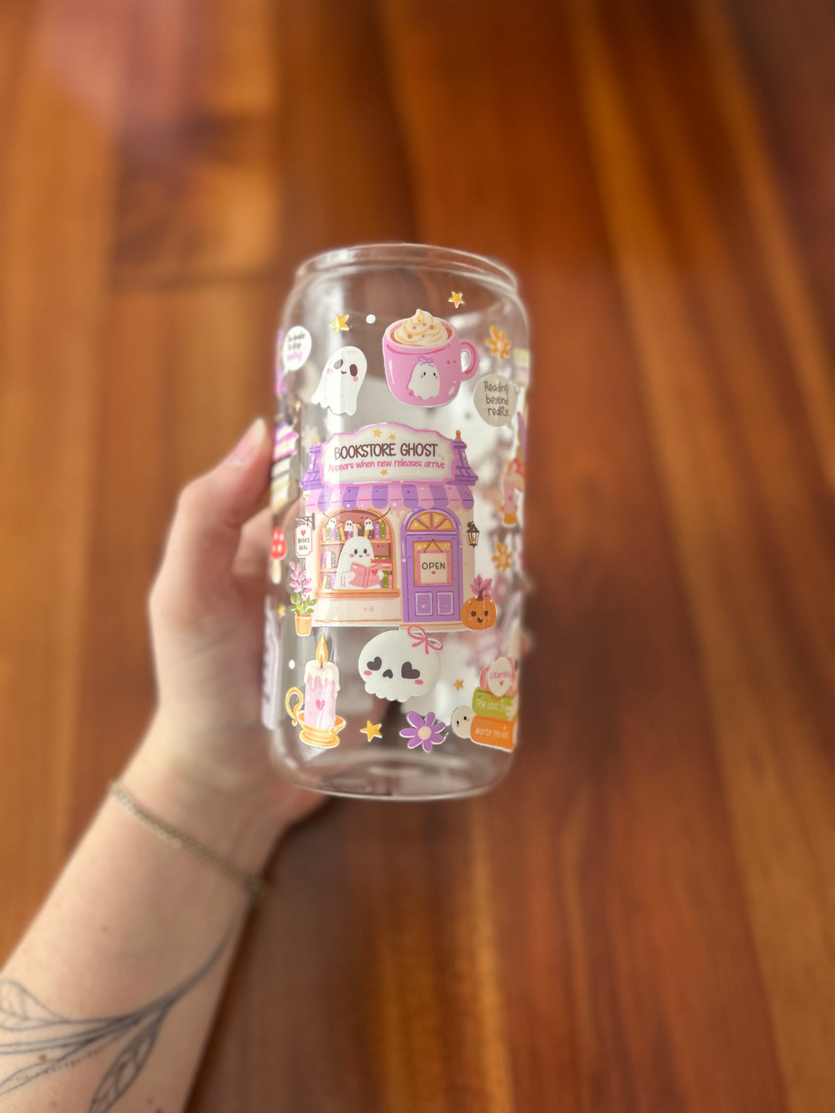 Ghost bookstore house glass can tumbler 16oz