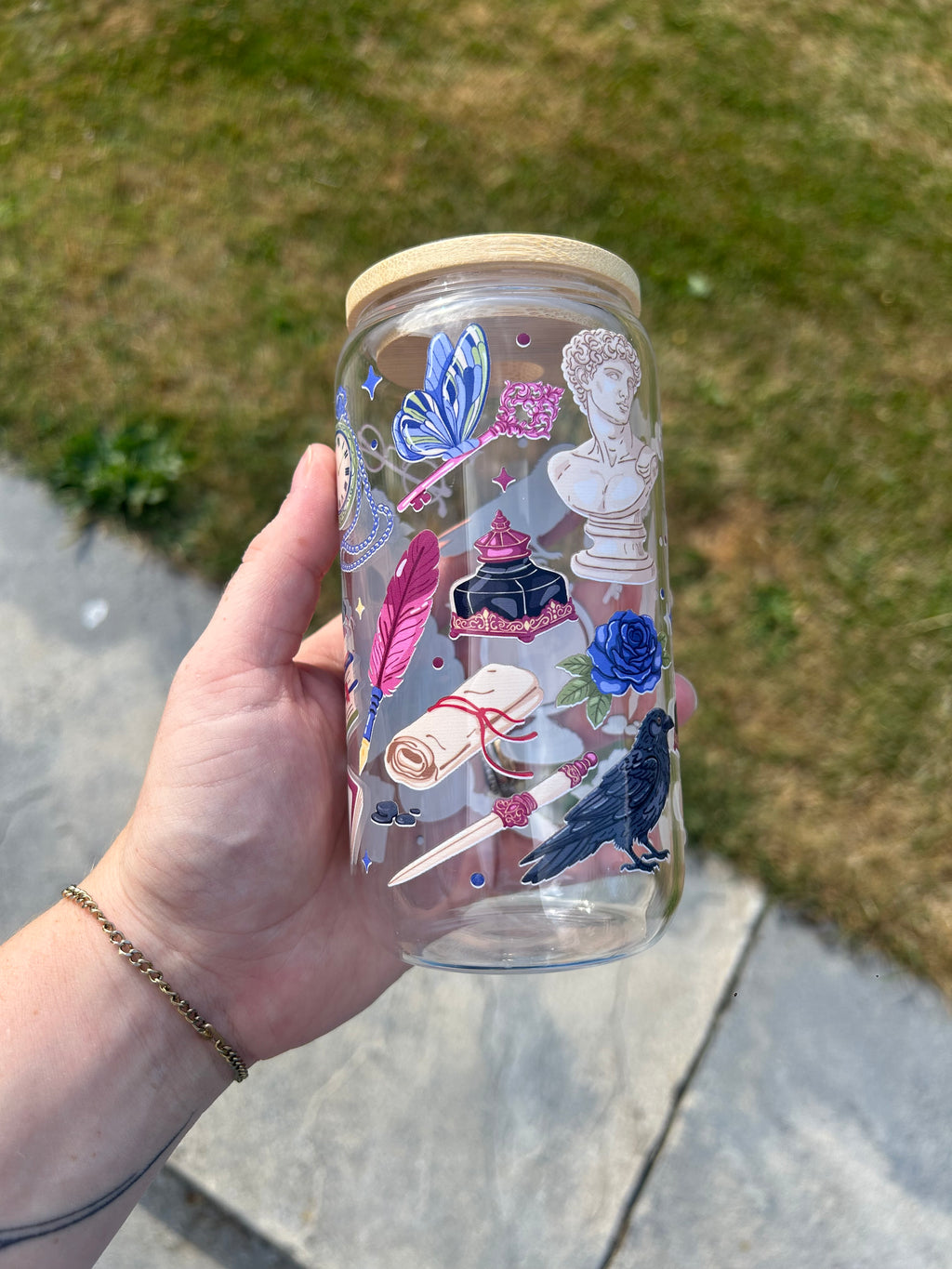 Dark academia glass can tumbler 16oz