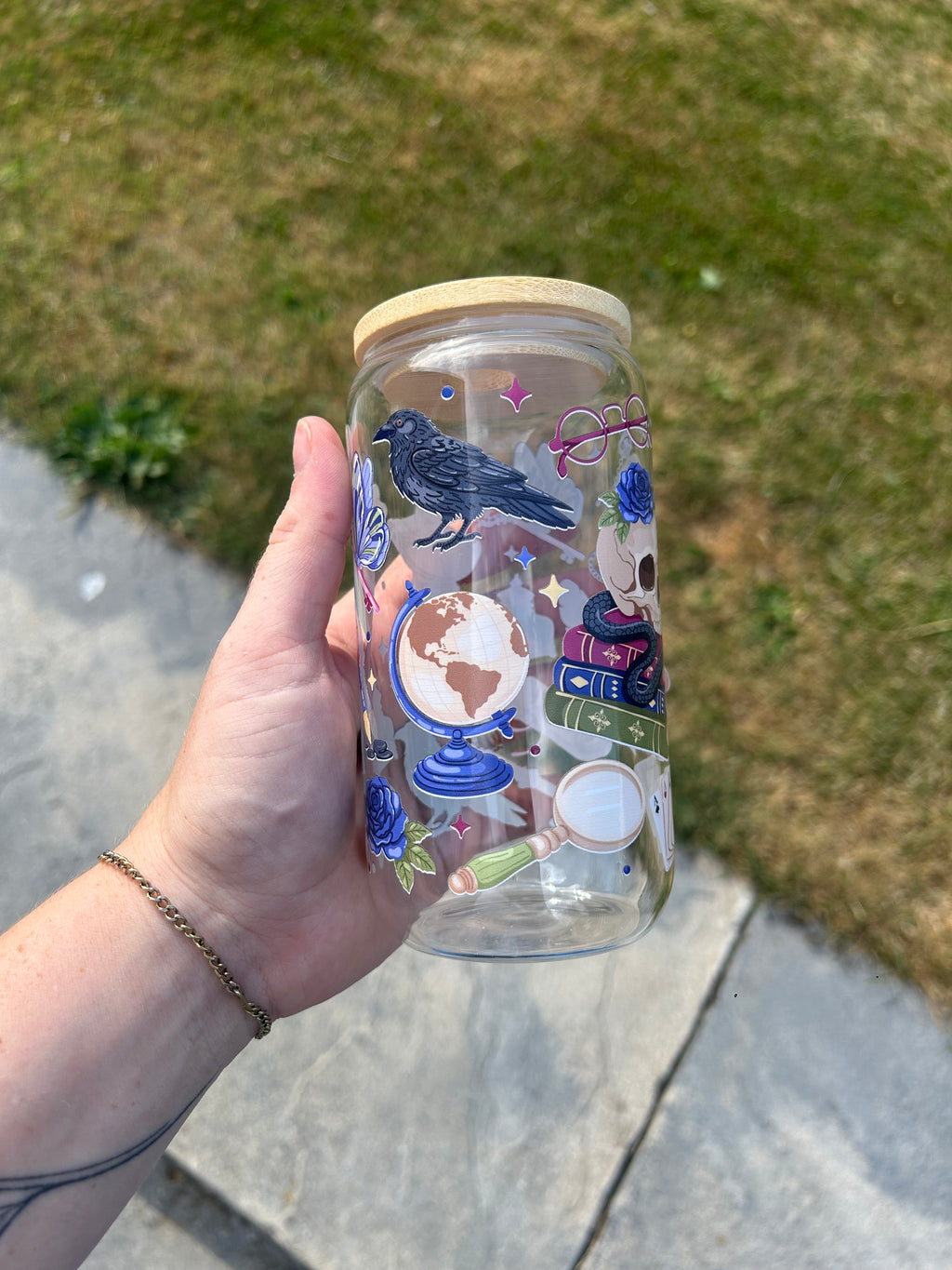 Dark academia glass can tumbler 16oz