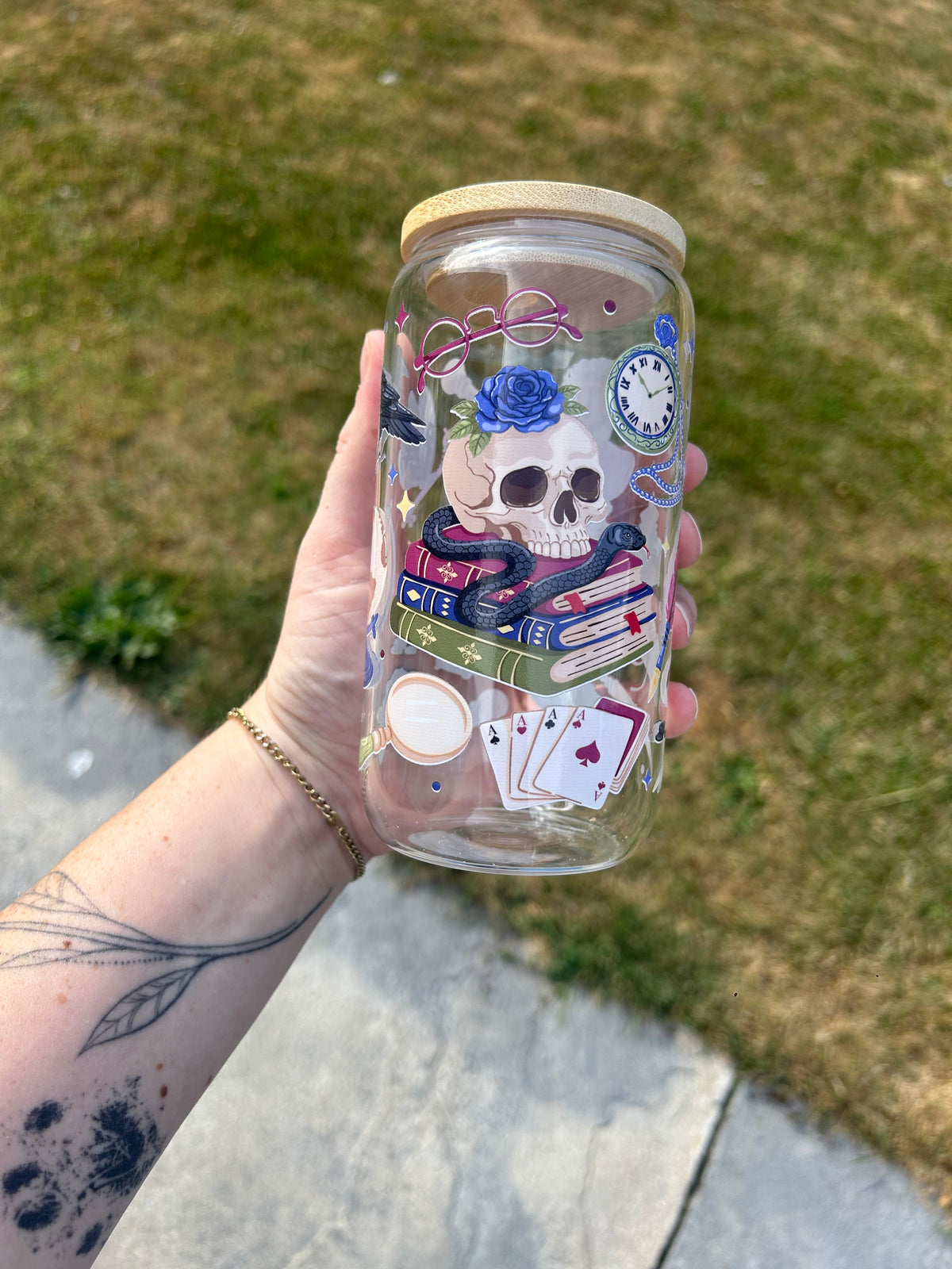 Dark academia glass can tumbler 16oz