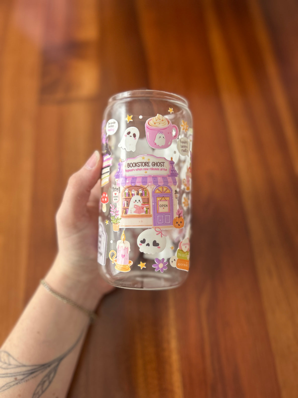 Ghost bookstore house glass can tumbler 16oz
